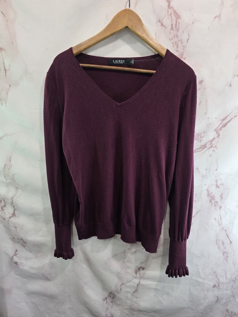 LRL Ralph Lauren Sweater Womens Large Maroon V Neck Ruffle Puff Sleeve Modal